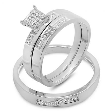 0.15 Carat (Ctw) Sterling Silver Round White Diamond Men And Women's Micro Pave Engagement Ring Trio Bridal Set