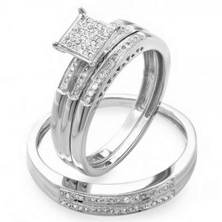 0.20 Carat (Ctw) Sterling Silver Round White Diamond Men & Women's Micro Pave Engagement Ring Trio Bridal Set