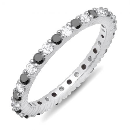 1.00 Carat 10k White Gold Round Black & White Diamond Ladies Eternity Anniversary Stackable Ring Wedding Band 1 CT