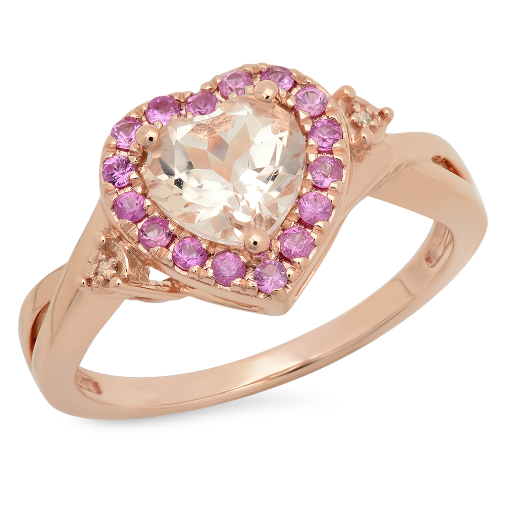 1.40 Carat (Ctw) 18K Rose Gold Heart Cut Morganite & Round Cut Pink Sapphire & White Diamond Ladies Heart Shaped Bridal Promise Engagement Ring
