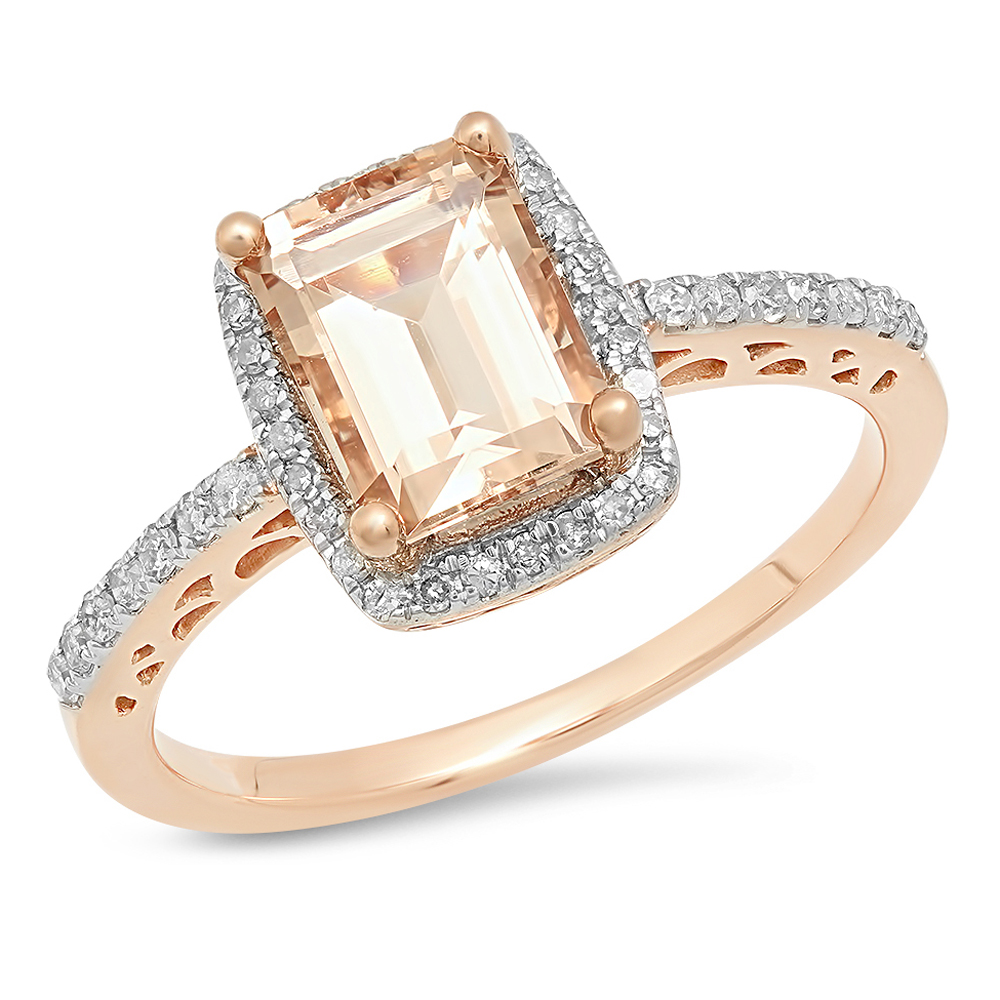 1.95 Carat (Ctw) 14K Rose Gold Emerald Cut Morganite & Round Cut White Diamond Ladies Bridal Halo Style Engagement Ring