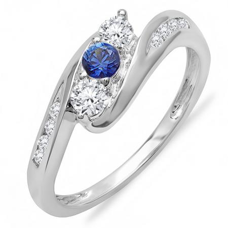 0.50 Carat (Ctw) 14k White Gold Round White Diamond And Blue Sapphire Ladies Swirl Engagement 3 Stone Bridal Ring