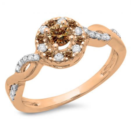 0.55 Carat (Ctw) 14K Rose Gold Round Cut Champagne & White Diamond Ladies Swirl Bridal Halo Engagement Ring