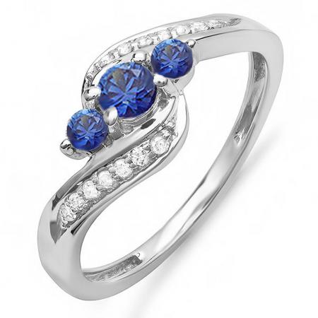 0.75 Carat (Ctw) 18k White Gold Round Blue Sapphire And White Diamond Ladies Swirl Engagement 3 Stone Bridal Ring