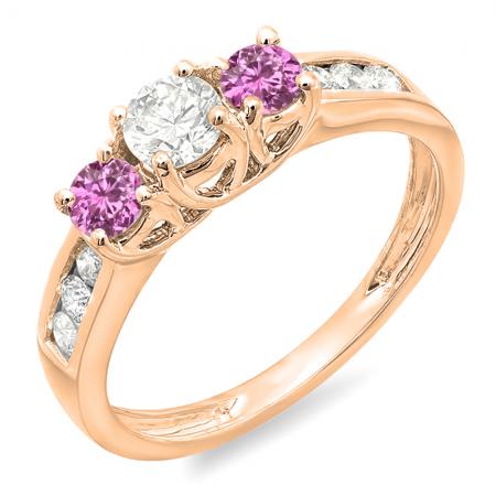 0.90 Carat (Ctw) 14K Rose Gold Round Cut Pink Sapphire & White Diamond Ladies 3 Stone Engagement Bridal Ring
