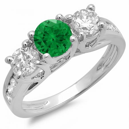 14K White Gold Round Cut Green Emerald & White Diamond Engagement Ring