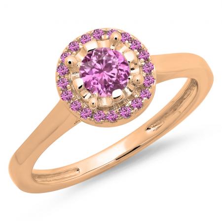 0.50 Carat (Ctw) 18K Rose Gold Round Pink Sapphire Ladies Bridal Halo Style Engagement Ring
