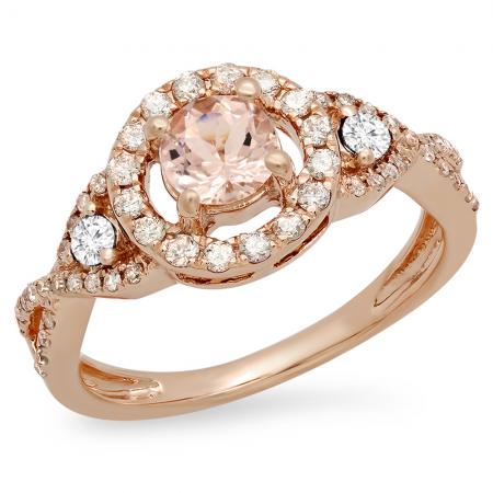 0.90 Carat (Ctw) 14K Rose Gold Round Morganite & White Diamond Ladies 3 Stone Swirl Halo Vintage Bridal Engagement Ring