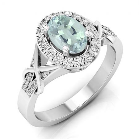 1.25 Carat (Ctw) 18K White Gold Oval Cut Aquamarine & Round Cut White Diamond Ladies Bridal Split Shank Halo Engagement Ring