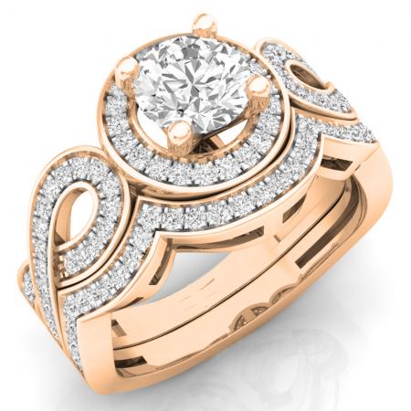 1.30 Carat (Ctw) 14K Rose Gold Round Cut White Cubic Zircona Ladies Bridal Swirl Split Shank Halo Engagement Ring With Matching Band Set