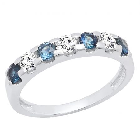 10K White Gold Round 3.20 MM Blue Sapphire & White Diamond Ladies Anniversary Wedding Band