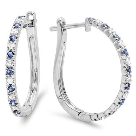 0.50 Carat (Ctw) 10k White Gold Round Blue Sapphire And White Diamond Ladies Hoop Earrings