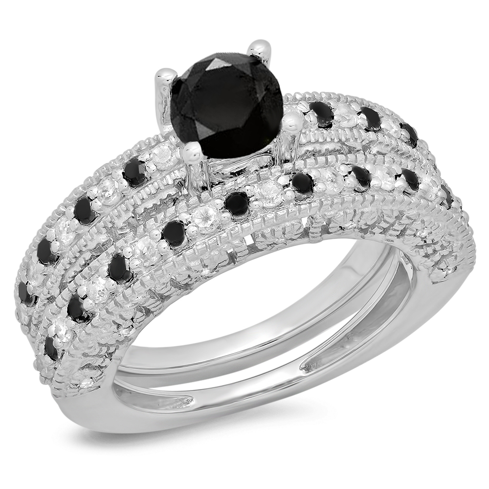 1.50 Carat, Sterling Silver Round Cut Black & White Diamond Ring_K2895-7