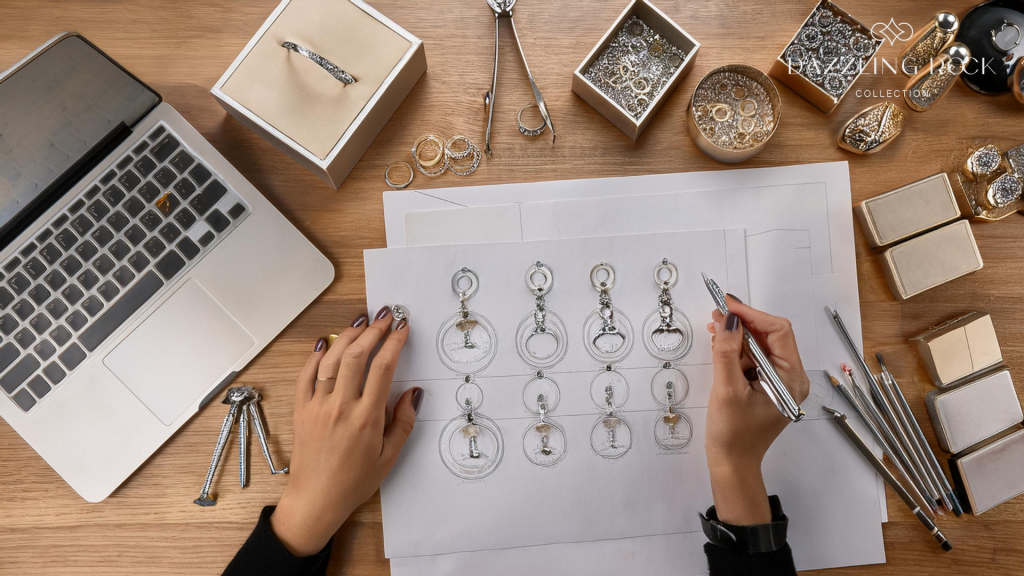 Step-by-step process of designing a custom wedding ring, including sketches, material selection, and final product.