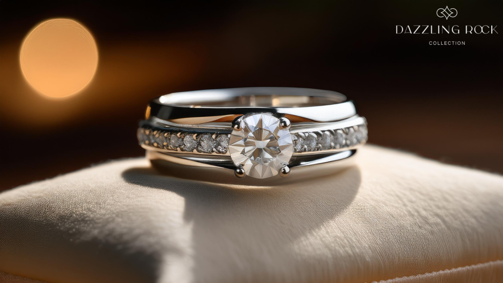 Close-up of a custom platinum wedding ring with a polished finish, placed on a soft cushion